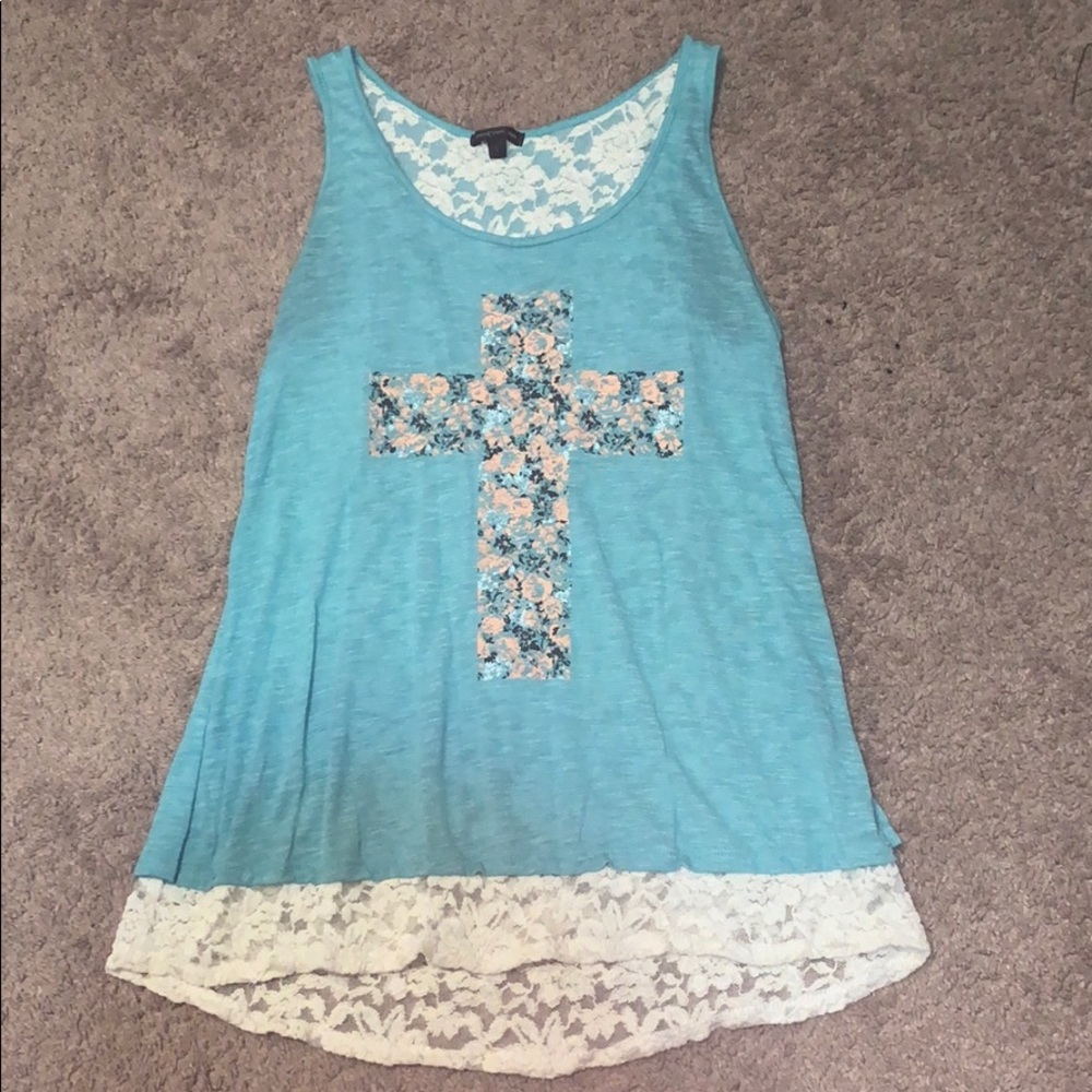 Blue and White Lace Cross Tank